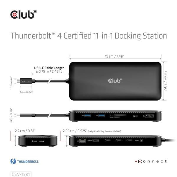 Club3D Dokovací stanice Thunderbolt 4 certifikovaný 11v1,  3xUSB-C,  3xUSB-A,  PD1
