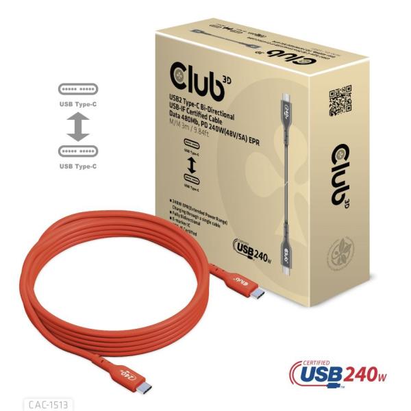 Club3D Kabel USB2 Type-C Bi-Directional USB-IF Certifikovaný 480Mb,  PD 240W(48V/ 5A) EPR M/ M 3m