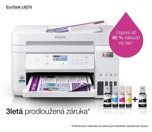 Atramentová tlačiareň EPSON EcoTank L6276,  3v1,  A4,  1200x4800dpi,  33 str./ min,  USB,  Wi-Fi,  LAN,  biela,  3 roky záruka po3