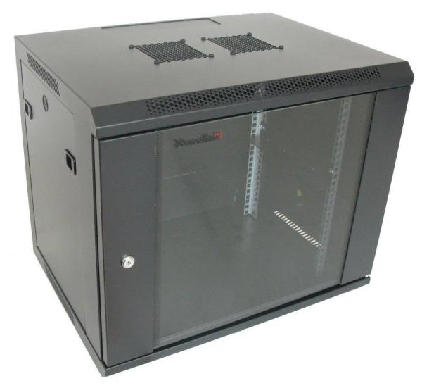 XtendLan 19" nástěnný rozvaděč 9U 600x450, nosnost 60 kg, skleněné dveře, svařovaný, černý