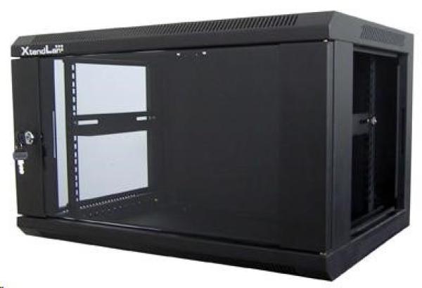 XtendLan 19" nástěnný rozvaděč 6U 600x600,  nosnost 60 kg,  skleněné kouřové dveře,  svařovaný,  černý1