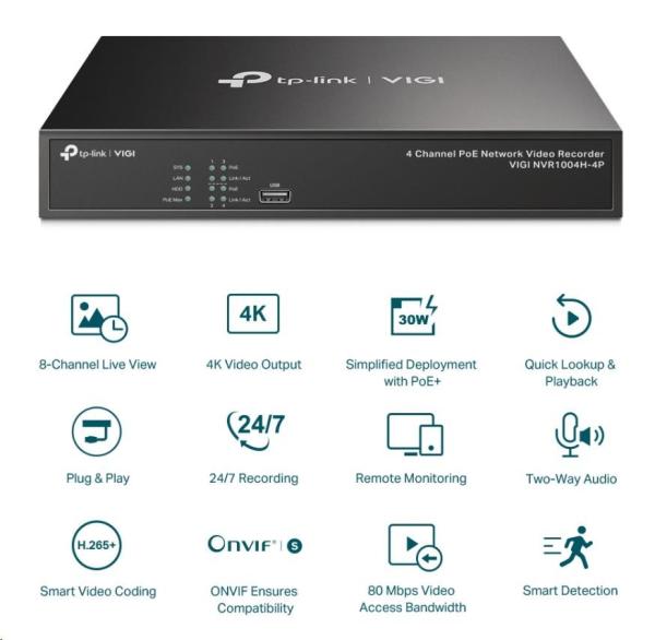 TP-Link VIGI NVR1004H-4P, videorekordér, 4 channels, 4xPoE, 1xSATA, 1x100Mb/s LAN, 2xUSB2.0, 1xHDMI,1xVGA4