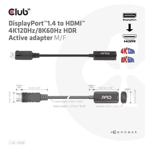 Club3D Active DisplayPort adaptér 1.4 na HDMI 4K120HZ HDR (M/ F),  čierna4