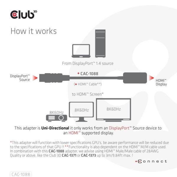 Club3D Active DisplayPort adaptér 1.4 na HDMI 4K120HZ HDR (M/ F),  čierna5