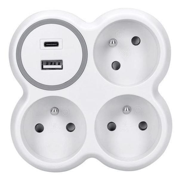 Solight rozbočka,  3x 15A,  USB nabíječka A+C,  bílá-šedá