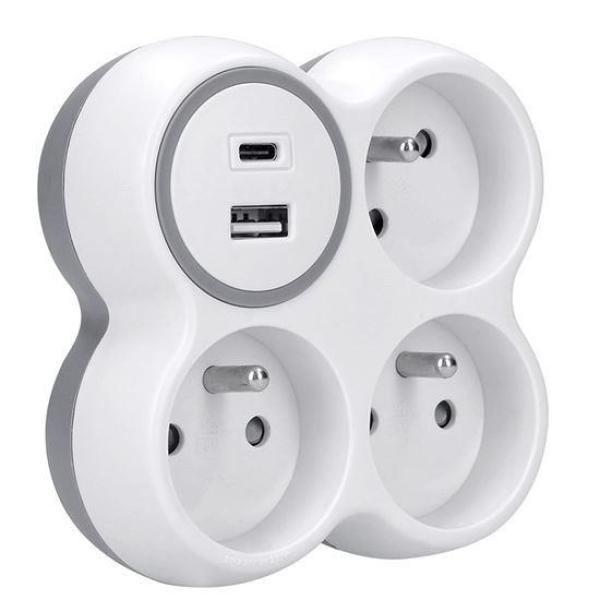 Solight rozbočka,  3x 15A,  USB nabíječka A+C,  bílá-šedá2