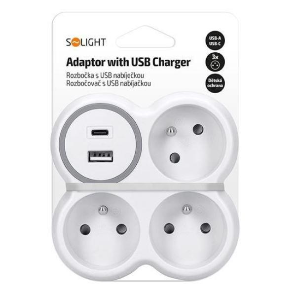 Solight rozbočka,  3x 15A,  USB nabíječka A+C,  bílá-šedá5