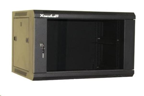 XtendLan 19" nástěnný rozvaděč 9U 600x600,  nosnost 60 kg,  skleněné kouřové dveře,  svařovaný,  černý