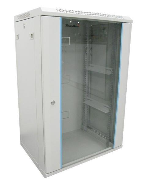 XtendLan 19" nástěnný rozvaděč 15U 600x600,  nosnost 60 kg,  skleněné kouřové dveře,  rozložený,  šedý1