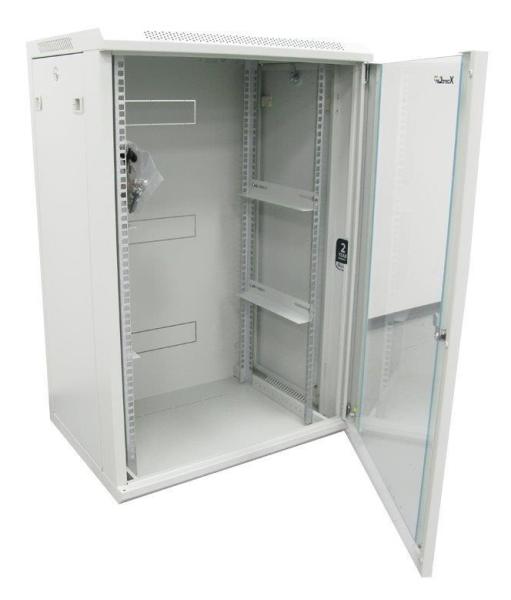 XtendLan 19" nástěnný rozvaděč 15U 600x600,  nosnost 60 kg,  skleněné kouřové dveře,  rozložený,  šedý2