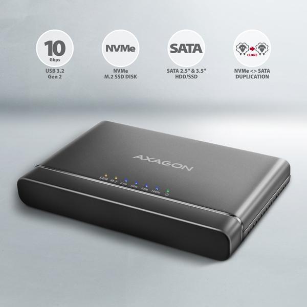 AXAGON ADSA-CC USB-C 10Gbps - NVMe M.2 SSD & SATA 2.5"/ 3.5" SSD/ HDD CLONE MASTER 2 adaptér1