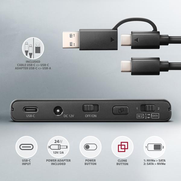 AXAGON ADSA-CC USB-C 10Gbps - NVMe M.2 SSD & SATA 2.5"/ 3.5" SSD/ HDD CLONE MASTER 2 adaptér7