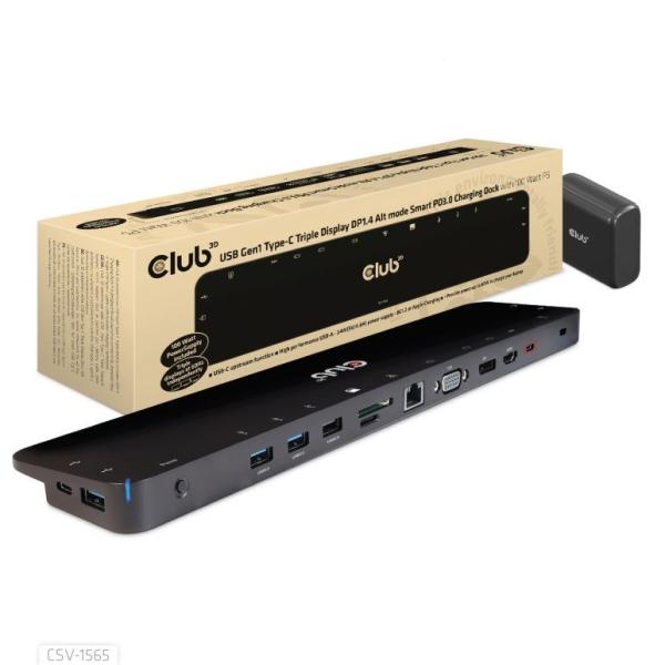 Club3D Dokovací stanice USB-C,  Triple Display DP 1.4 Alt mode Smart PD3.0 Charging Dock with 100 Watt PS