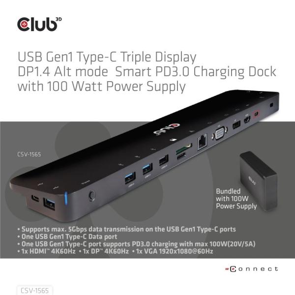 Club3D Dokovací stanice USB-C,  Triple Display DP 1.4 Alt mode Smart PD3.0 Charging Dock with 100 Watt PS3