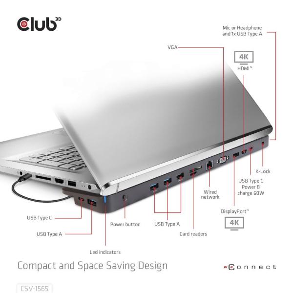 Club3D Dokovací stanice USB-C,  Triple Display DP 1.4 Alt mode Smart PD3.0 Charging Dock with 100 Watt PS6
