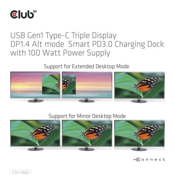 Club3D Dokovací stanice USB-C,  Triple Display DP 1.4 Alt mode Smart PD3.0 Charging Dock with 100 Watt PS1
