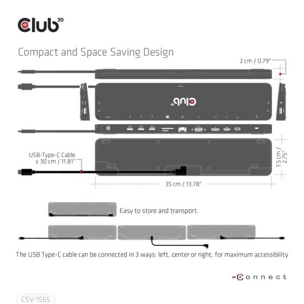 Club3D Dokovací stanice USB-C,  Triple Display DP 1.4 Alt mode Smart PD3.0 Charging Dock with 100 Watt PS7