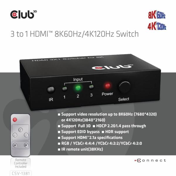 Club3D Switch 1:3 HDMI 8K60Hz/ 4K120Hz,  3 porty1