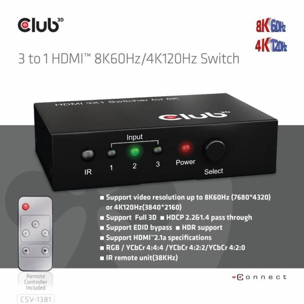 Club3D Switch 1:3 HDMI 8K60Hz/ 4K120Hz,  3 porty0