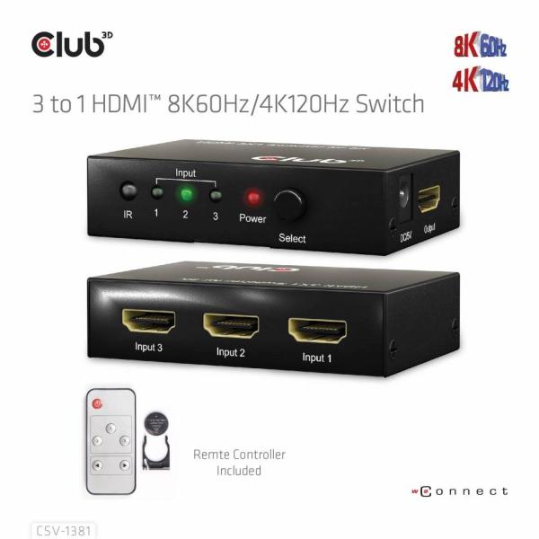 Club3D Switch 1:3 HDMI 8K60Hz/ 4K120Hz,  3 porty1