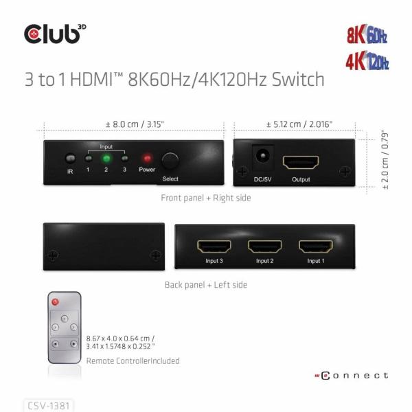 Club3D Switch 1:3 HDMI 8K60Hz/ 4K120Hz,  3 porty3