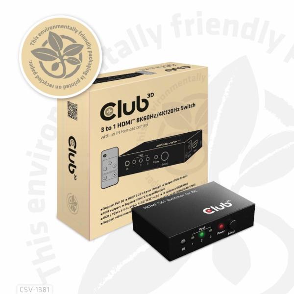 Club3D Switch 1:3 HDMI 8K60Hz/ 4K120Hz,  3 porty8