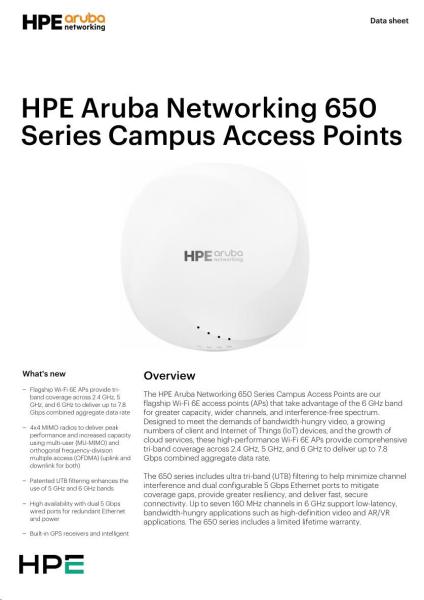 Aruba AP-655 (RW) Tri-radio 4x4:4 802.11ax Wi-Fi 6E Internal Antennas Campus AP RENEW R7J38A2
