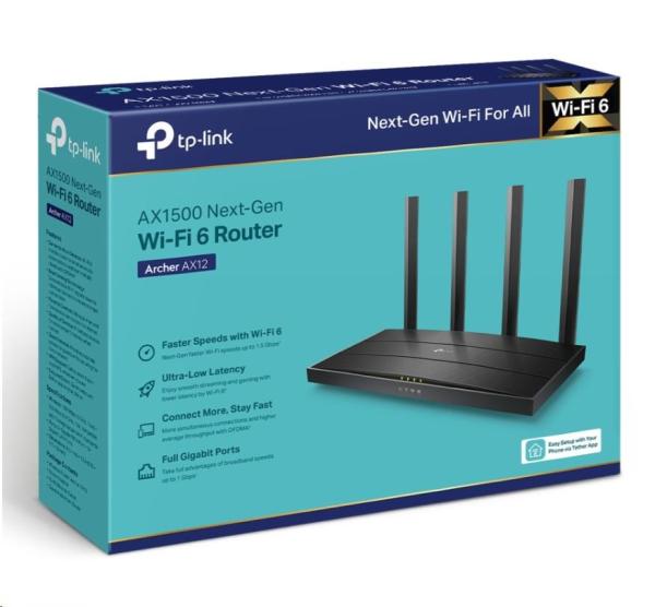 TP-Link Archer AX12 OneMesh/ EasyMesh WiFi6 router (AX1500, 2, 4GHz/ 5GHz, 3xGbELAN, 1xGbEWAN)3