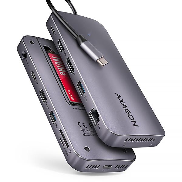 AXAGON HMC-12GM2,  USB 10Gbps hub,  3x USB-A,  USB-C,   HDMI,  DP,  RJ-45 GLAN,  M.2,  SD/ mSD,  audio,  PD 100W,  kábel USB-C 50cm