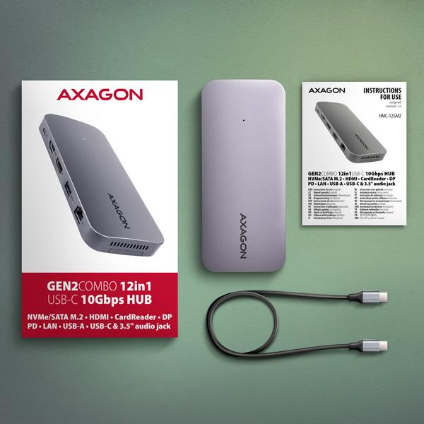 AXAGON HMC-12GM2,  USB 10Gbps hub,  3x USB-A,  USB-C,   HDMI,  DP,  RJ-45 GLAN,  M.2,  SD/ mSD,  audio,  PD 100W,  kábel USB-C 50cm8