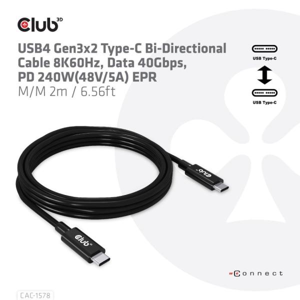 Club3D Kabel USB4 Gen3x2 Type-C Oboustranný kabel 8K60Hz,  Data 40 Gbps,  PD 240W(48V/ 5A) EPR M/ M 2m1