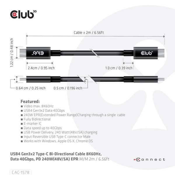 Club3D Kabel USB4 Gen3x2 Type-C Oboustranný kabel 8K60Hz,  Data 40 Gbps,  PD 240W(48V/ 5A) EPR M/ M 2m2