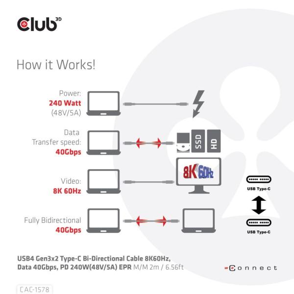 Club3D Kabel USB4 Gen3x2 Type-C Oboustranný kabel 8K60Hz,  Data 40 Gbps,  PD 240W(48V/ 5A) EPR M/ M 2m5