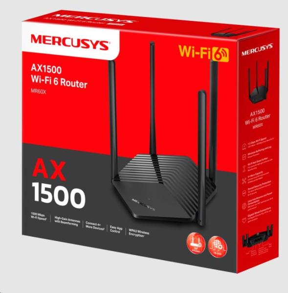 MERCUSYS MR60X WiFi6 router (AX1500, 2, 4GHz/ 5GHz, 2xGbELAN, 1xGbEWAN)3