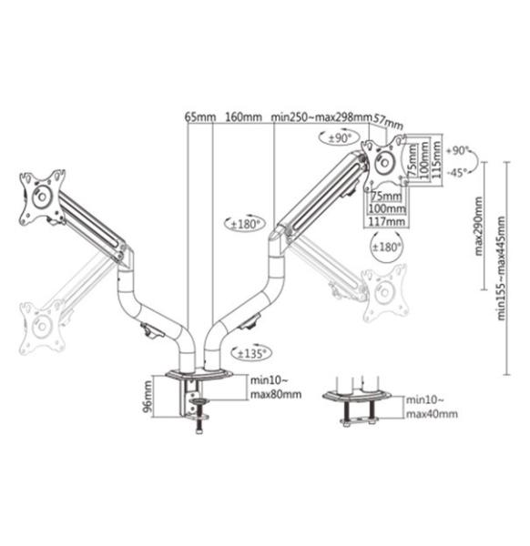 GEMBIRD Držák 2 monitorů na stůl MA-DA2-02,  naklápěcí,  až do 32” a 8kg,  černý2