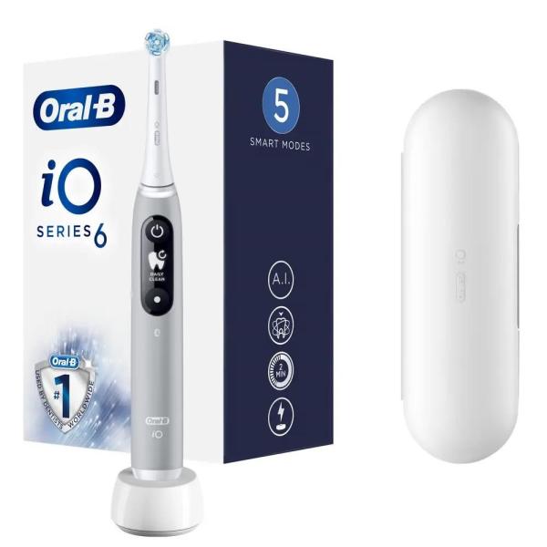 Oral-B iO Series 6 Grey Opal elektrický zubní kartáček,  magnetický,  5 režimů,  tlakový senzor,  AI,  pouzdro