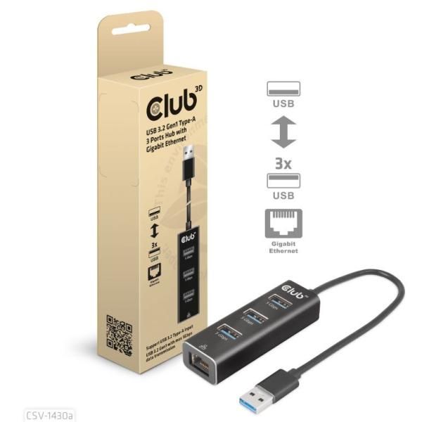 Club3D Rozbočovač,  USB-A 3.2 Gen1 na 3x USB 3.1,  Gigabit Ethernet