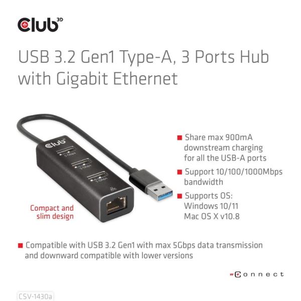 Club3D Rozbočovač,  USB-A 3.2 Gen1 na 3x USB 3.1,  Gigabit Ethernet2