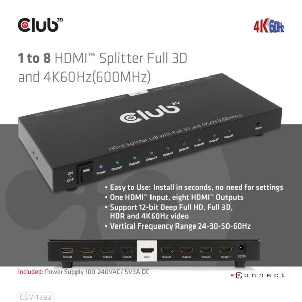 Club3D Video rozbočovač 1:4 HDMI 2.0 4K120Hz,  4 porty,  černá1