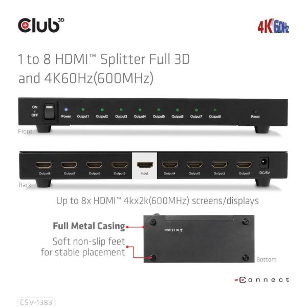 Club3D Video rozbočovač 1:4 HDMI 2.0 4K120Hz,  4 porty,  černá2