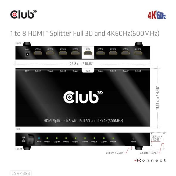 Club3D Video rozbočovač 1:4 HDMI 2.0 4K120Hz,  4 porty,  černá3