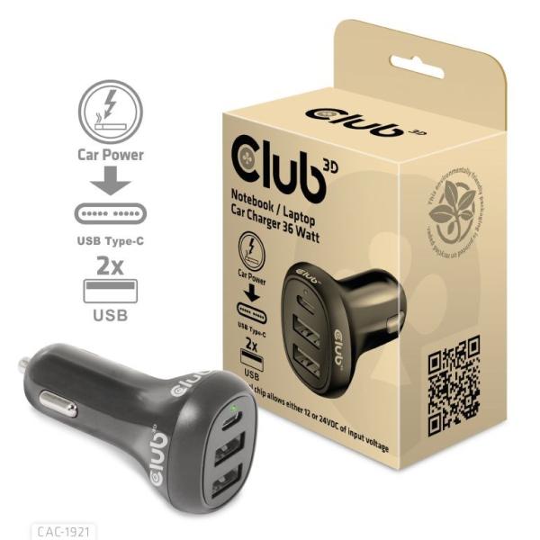 Club3D Auto nabíječka pro Notebooky 36W,  3 porty (2xUSB-A + USB-C)