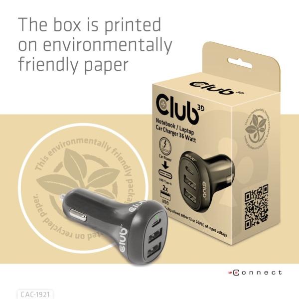 Club3D Auto nabíječka pro Notebooky 36W,  3 porty (2xUSB-A + USB-C)5