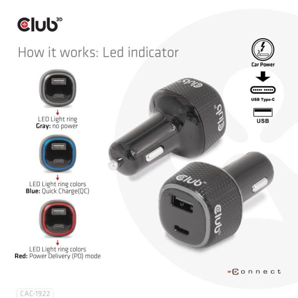 Club3D Auto nabíječka pro Notebooky 63W,  2 porty (USB-A + USB-C)3
