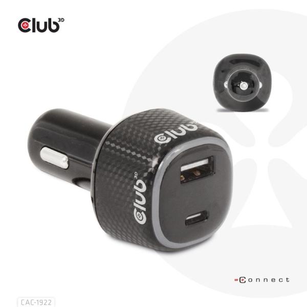 Club3D Auto nabíječka pro Notebooky 63W,  2 porty (USB-A + USB-C)4