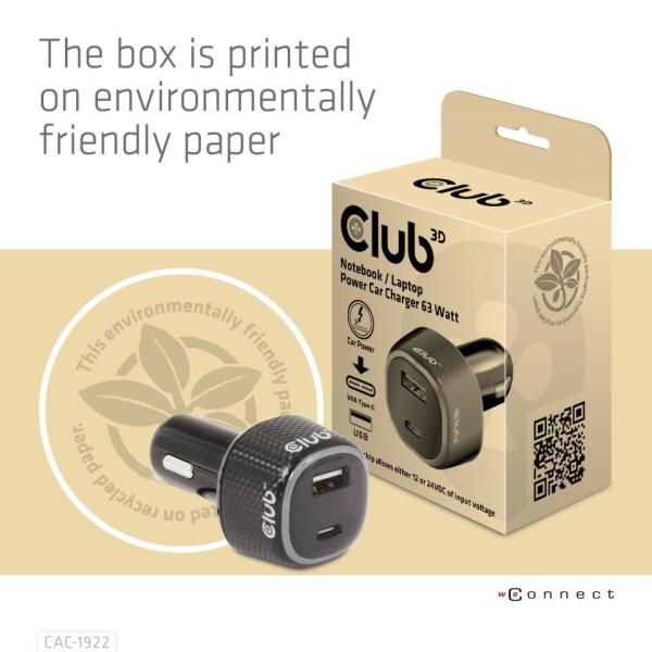 Club3D Auto nabíječka pro Notebooky 63W,  2 porty (USB-A + USB-C)5