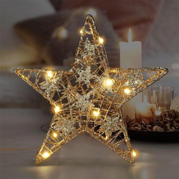 Solight vánoční hvězda glitter,  zlatá,  kovová,  14x LED,  2x AA4