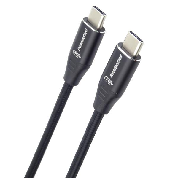 PREMIUMCORD Kabel USB-C M/ M,  240W 480Mbps černý bavlněný oplet,  1, 5m
