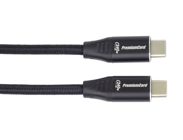 PREMIUMCORD Kabel USB-C M/ M,  240W 480Mbps černý bavlněný oplet,  1, 5m1