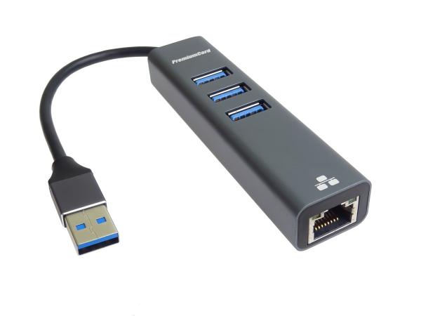 PREMIUMCORD Adaptér USB3.0 - LAN RJ45 ETHERNET 10/ 100/ 1000 MBIT + 3x USB3.0 port